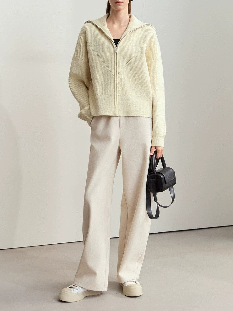 Zip Front Collared Knit Sweater Jacket - Offwhite - 1