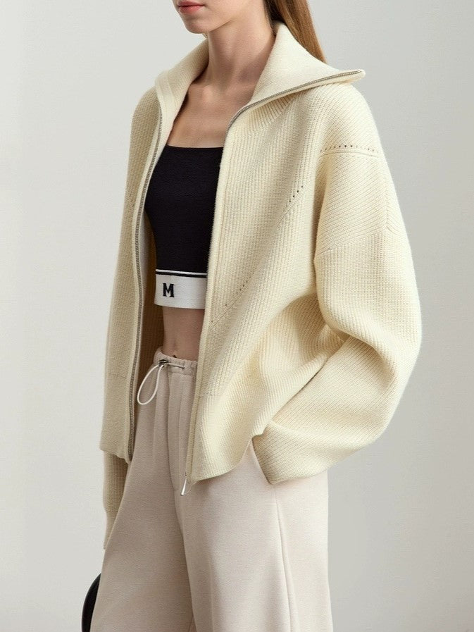 Zip Front Collared Knit Sweater Jacket - Offwhite - 2