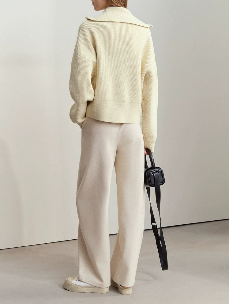 Zip Front Collared Knit Sweater Jacket - Offwhite - 3