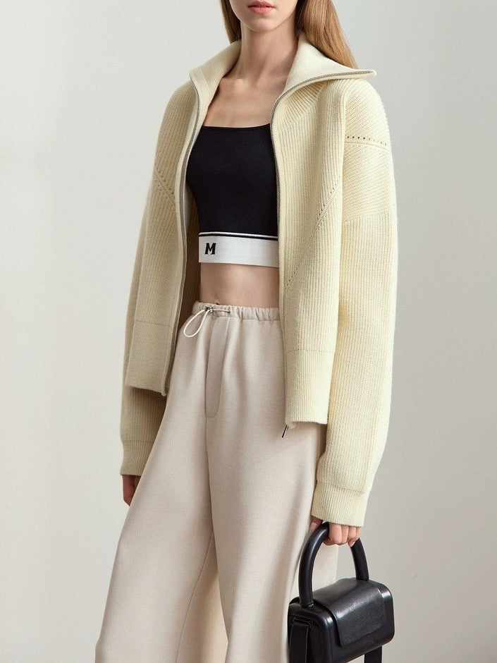 Zip Front Collared Knit Sweater Jacket - Offwhite - 4