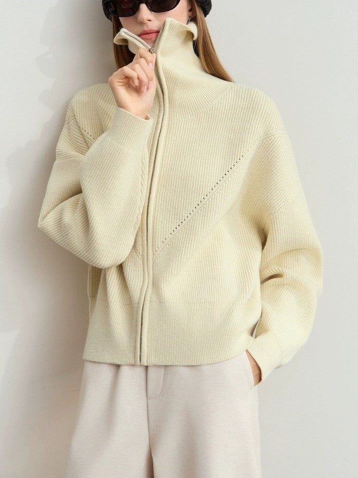 Zip Front Collared Knit Sweater Jacket - Offwhite - 5