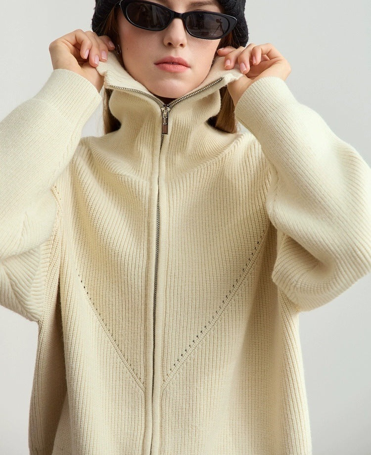 Zip Front Collared Knit Sweater Jacket - Offwhite - 6