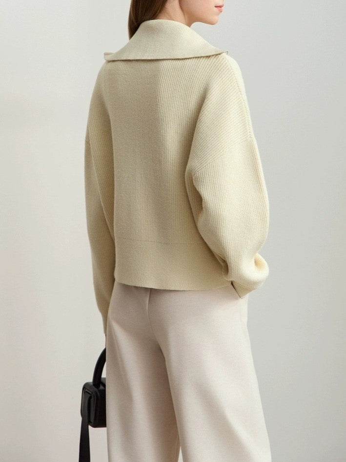Zip Front Collared Knit Sweater Jacket - Offwhite - 7
