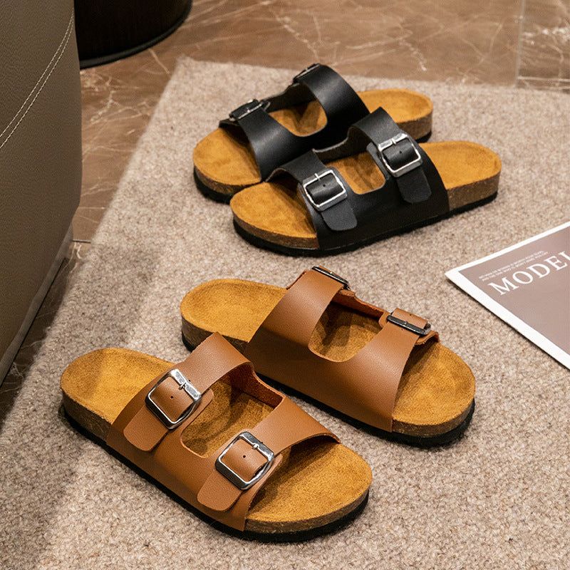 Double Buckle Cork Footbed Slide Sandals