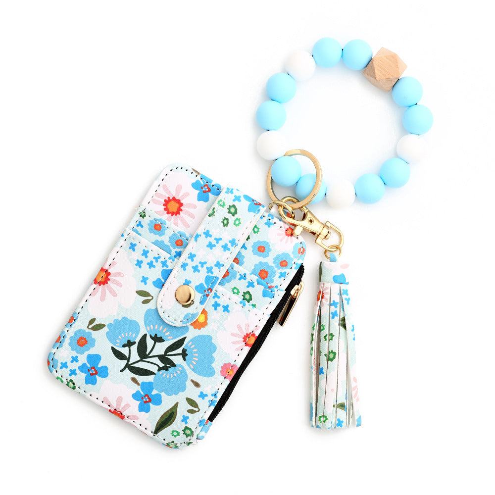Floral Print Card Wallet Bead Bangle Keychain - Blue