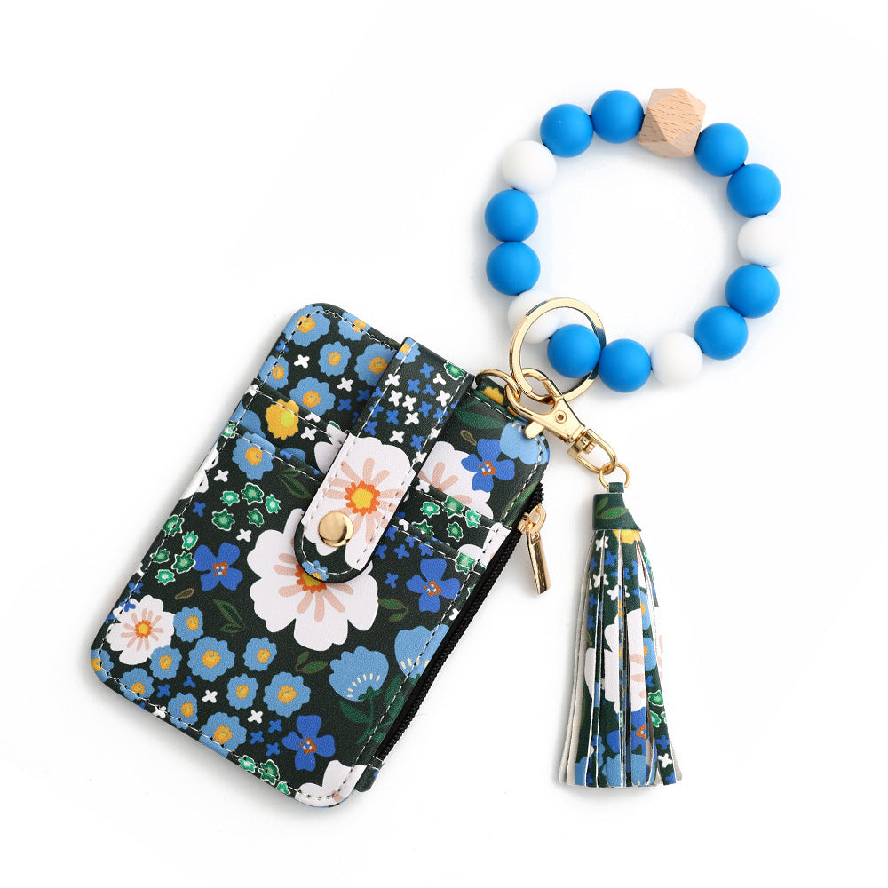 Floral Print Card Wallet Bead Bangle Keychain - Darkblue