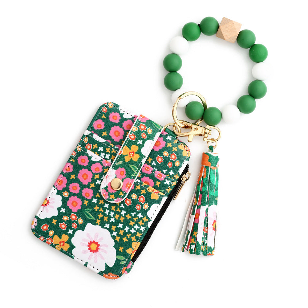 Floral Print Card Wallet Bead Bangle Keychain - Green