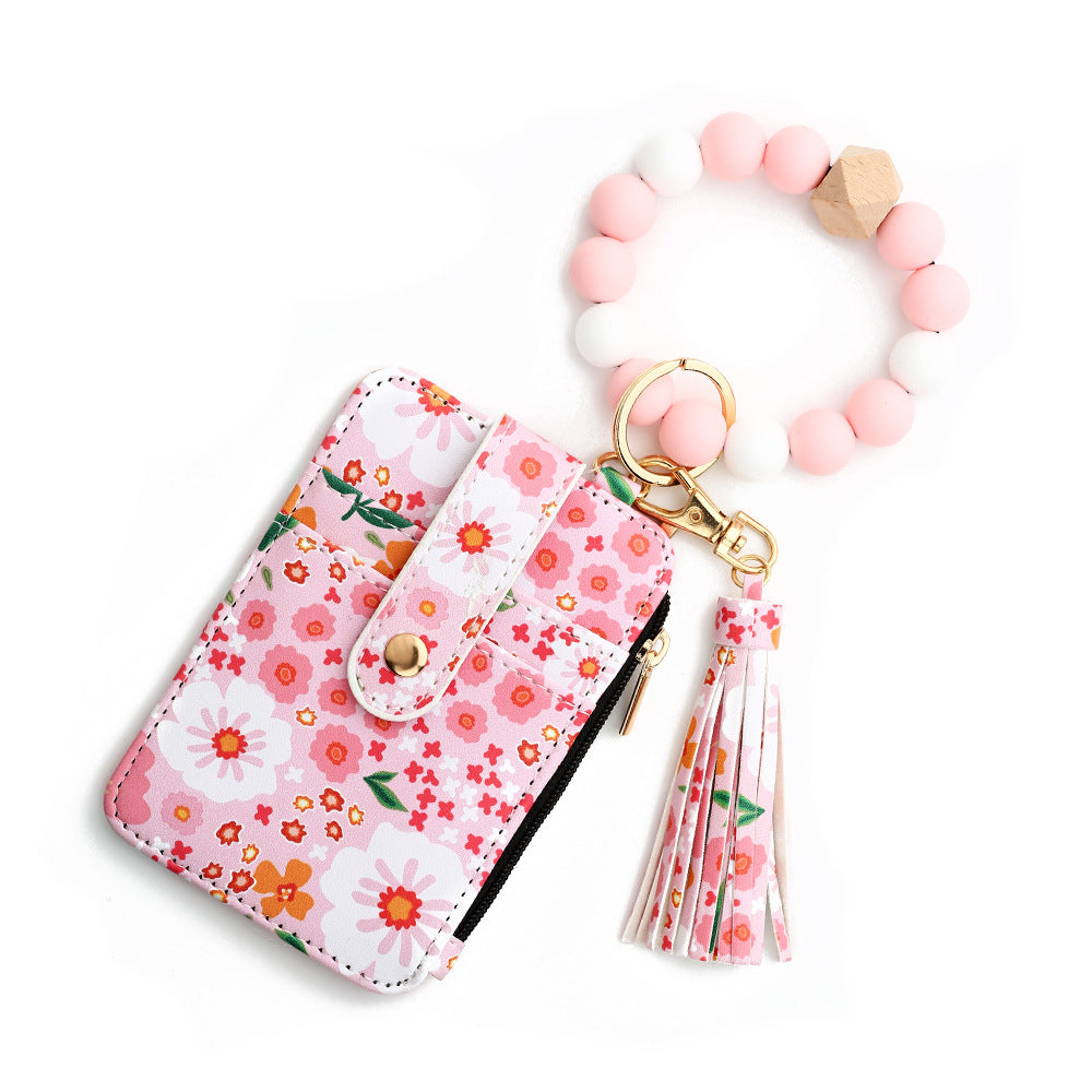 Floral Print Card Wallet Bead Bangle Keychain - Pink