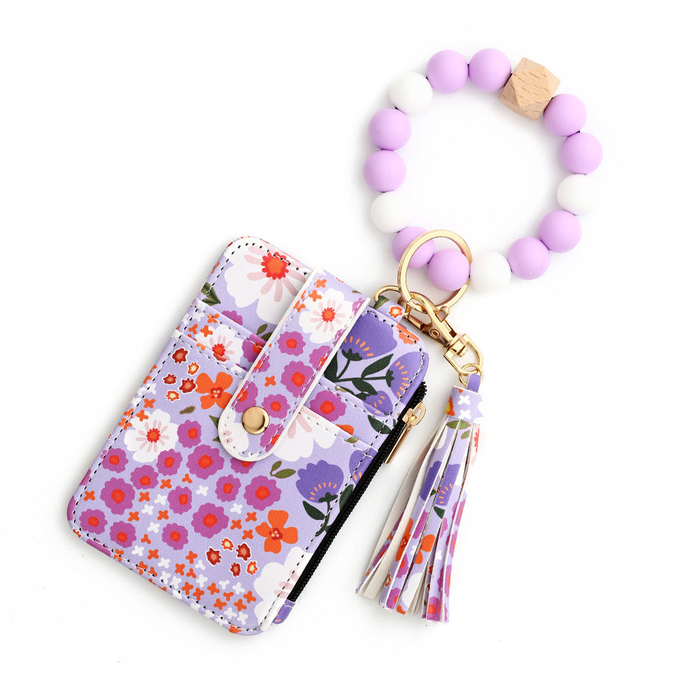 Floral Print Card Wallet Bead Bangle Keychain - Purple