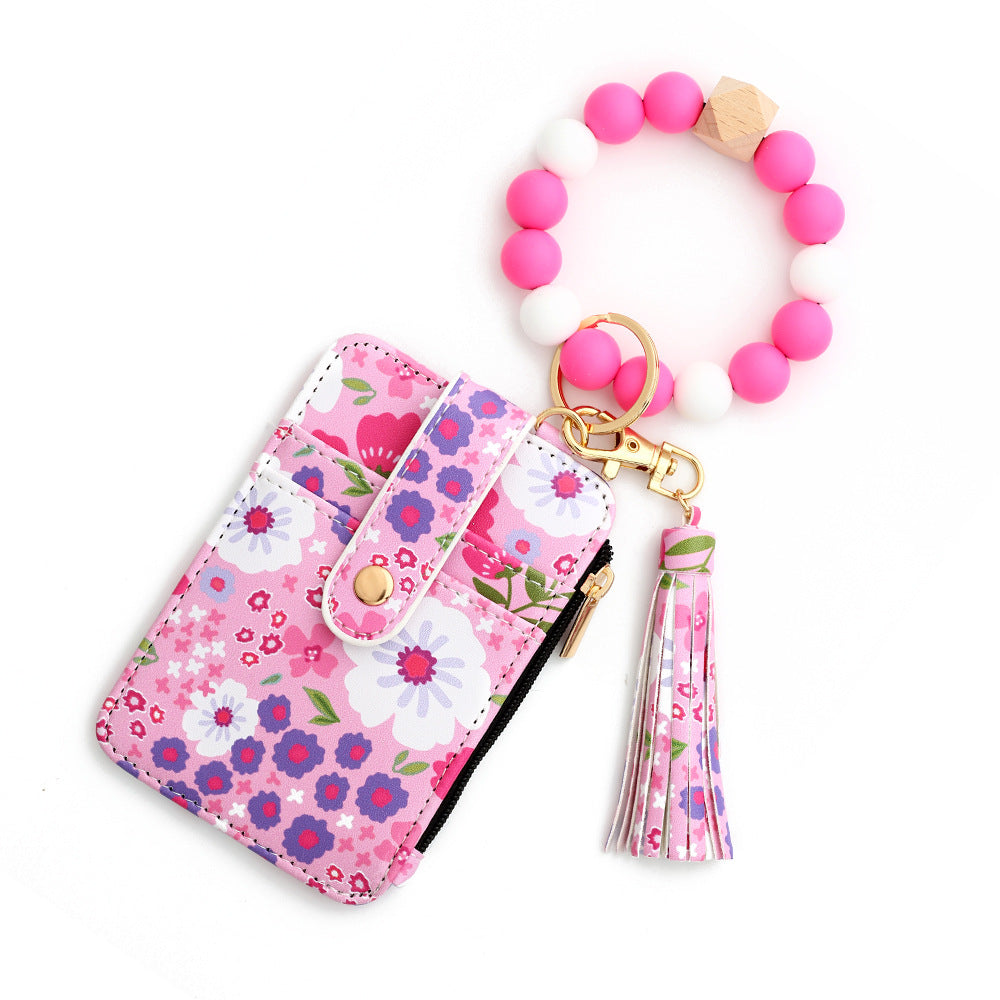 Floral Print Card Wallet Bead Bangle Keychain - Rosered