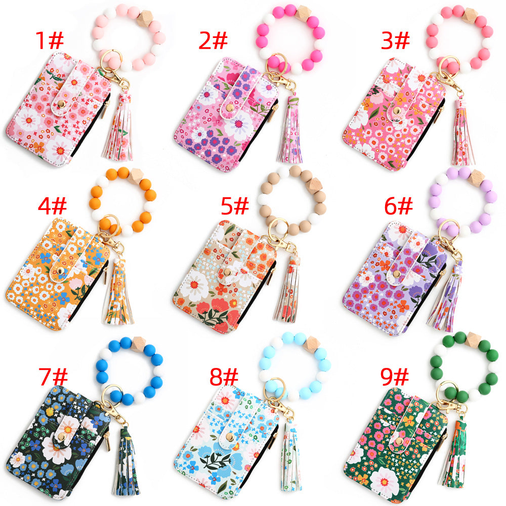 Floral Print Card Wallet Bead Bangle Keychain - Rosered - 1