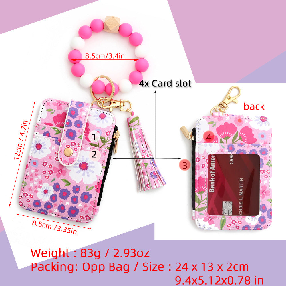 Floral Print Card Wallet Bead Bangle Keychain - Rosered - 2