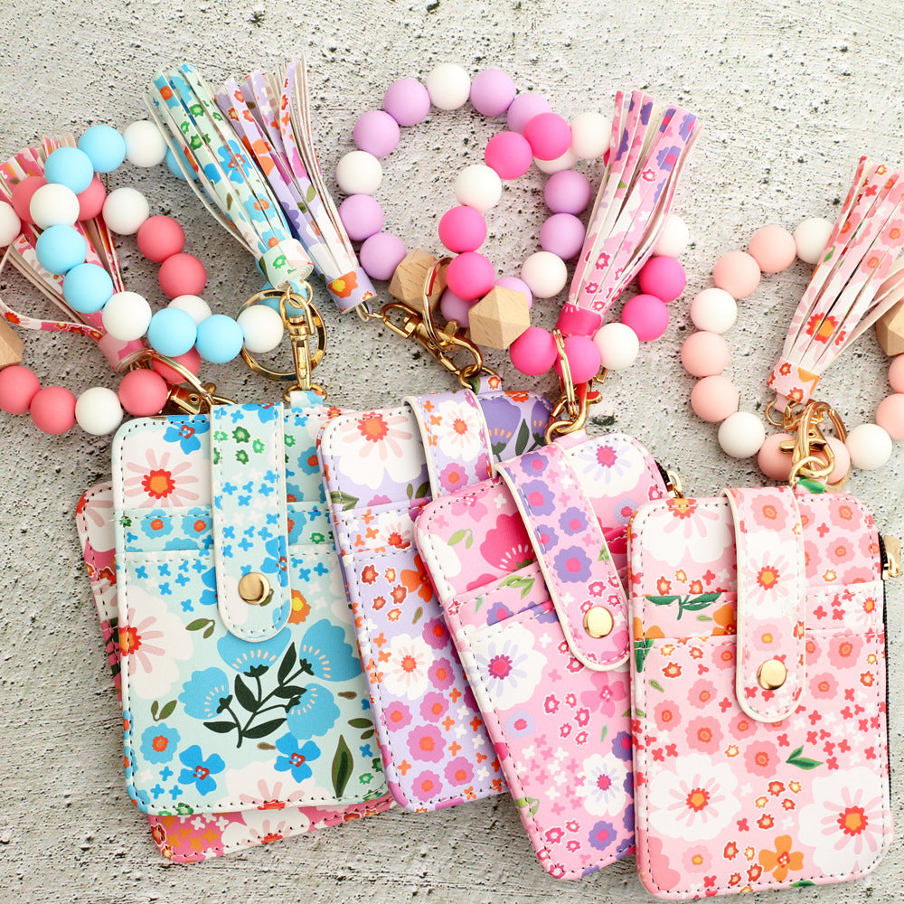 Floral Print Card Wallet Bead Bangle Keychain - Rosered - 3