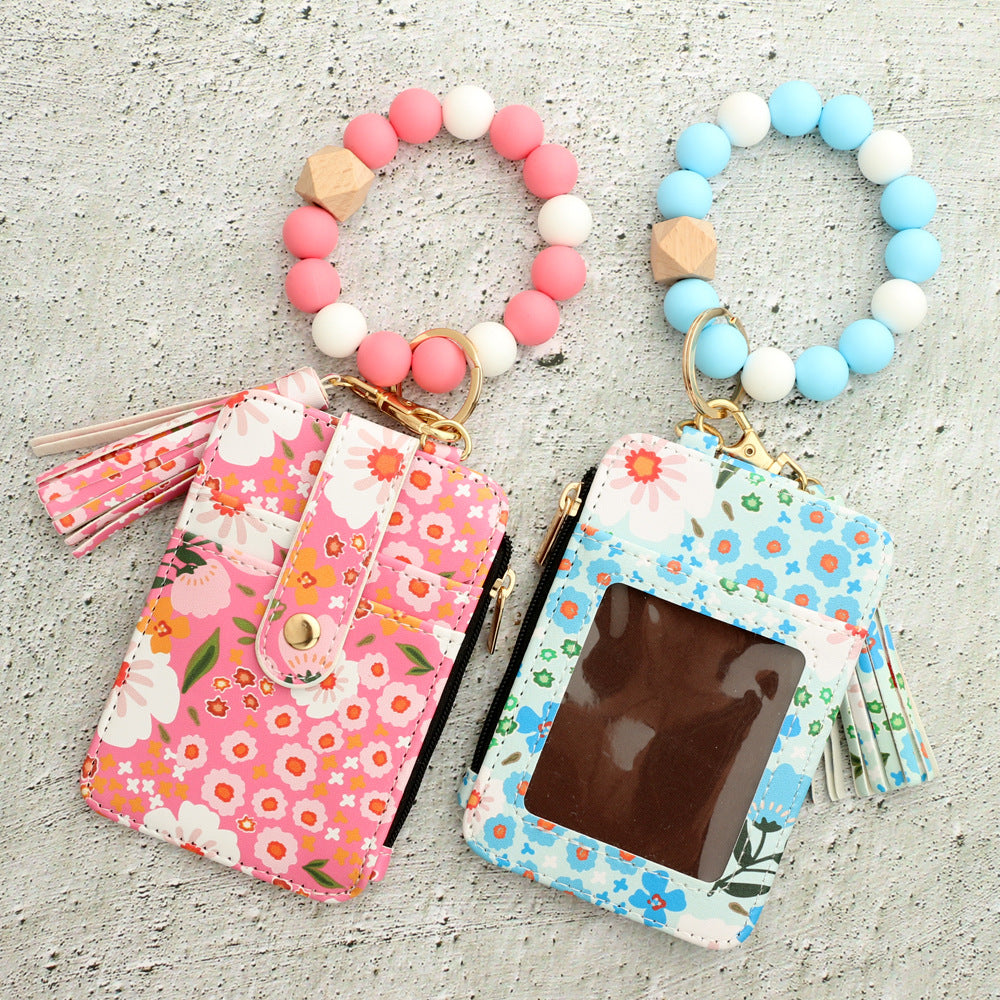Floral Print Card Wallet Bead Bangle Keychain - Rosered - 4
