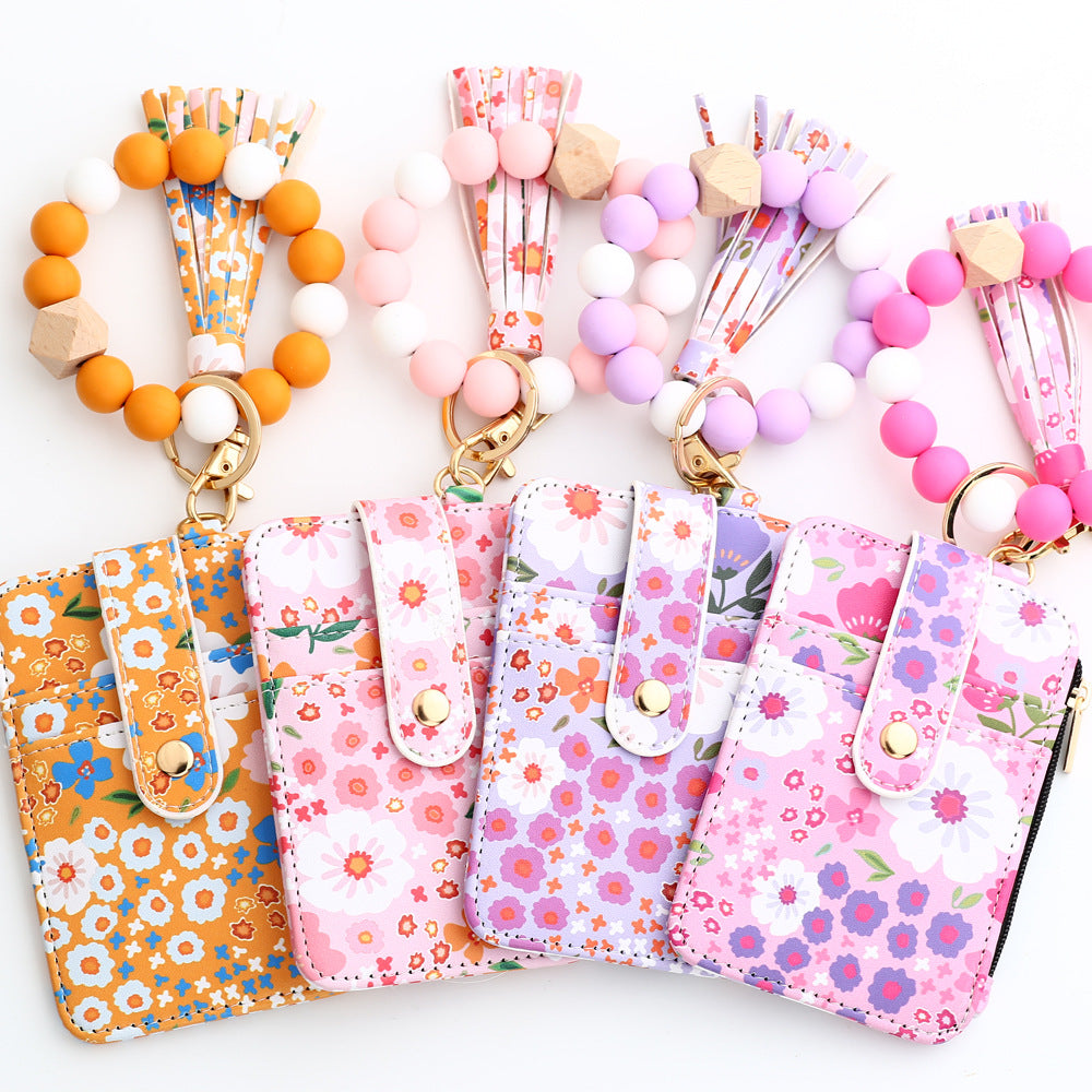 Floral Print Card Wallet Bead Bangle Keychain - Rosered - 5