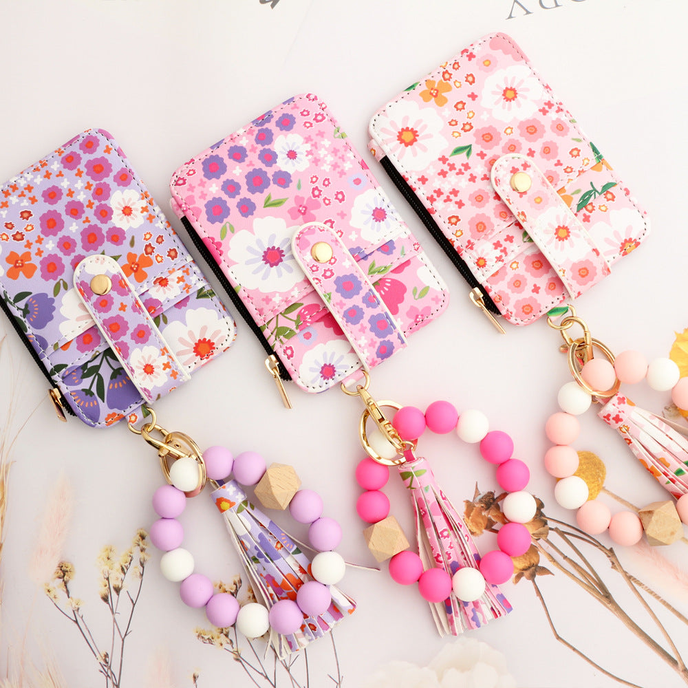 Floral Print Card Wallet Bead Bangle Keychain - Rosered - 6