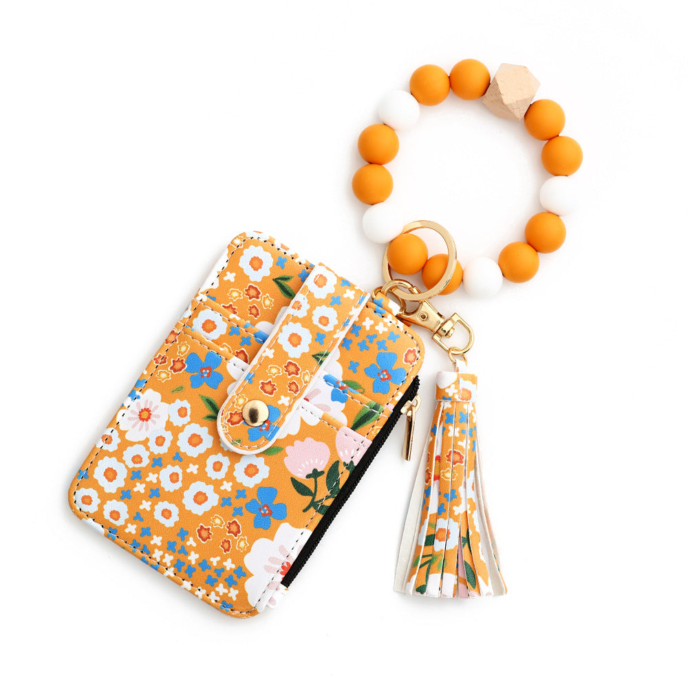 Floral Print Card Wallet Bead Bangle Keychain - Yellow