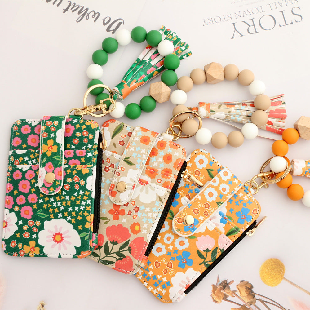 Floral Print Card Wallet Bead Bangle Keychain - view 1