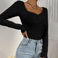 Draped Asymmetric Neck Long Sleeve Knit Top - Black