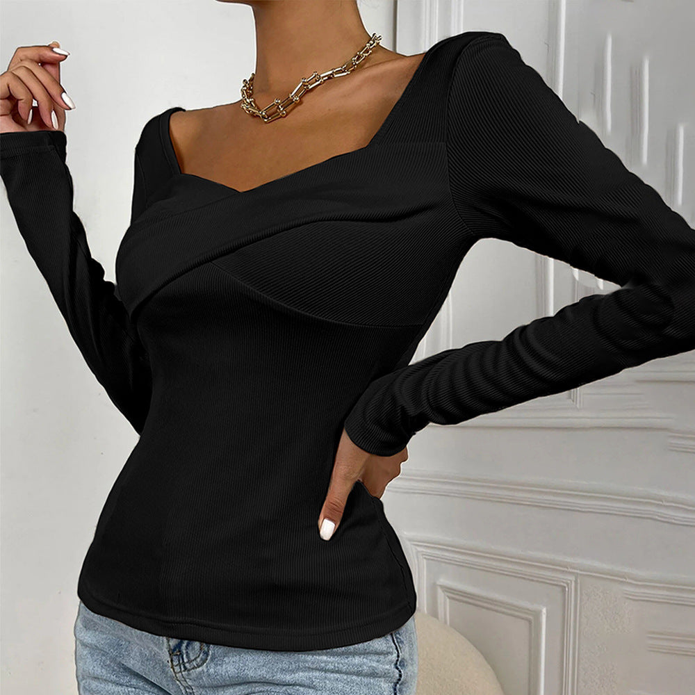 Draped Asymmetric Neck Long Sleeve Knit Top - Black - 2