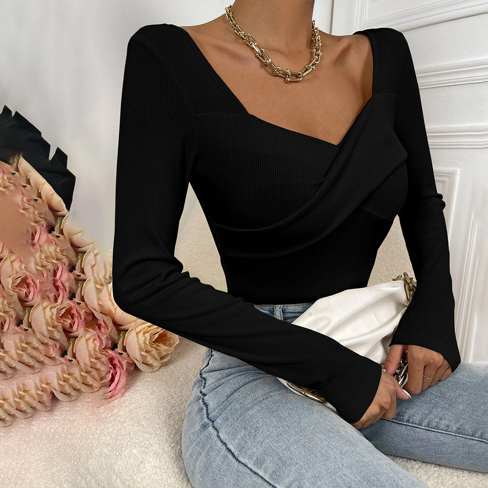 Draped Asymmetric Neck Long Sleeve Knit Top - Black - 4