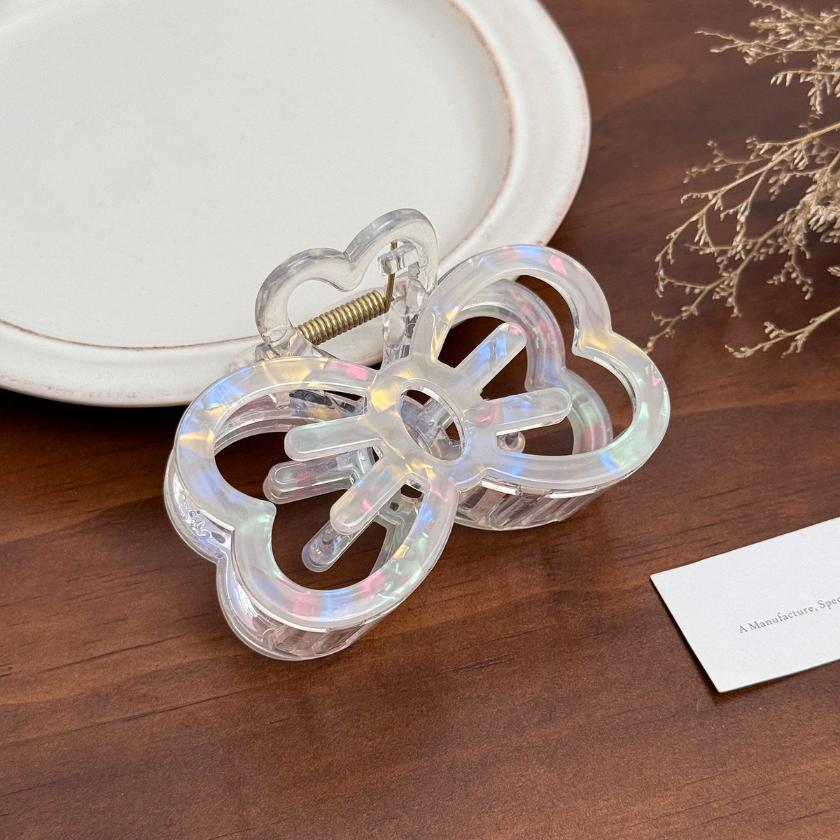 Iridescent Hollow Bow Acrylic Claw Clip - White