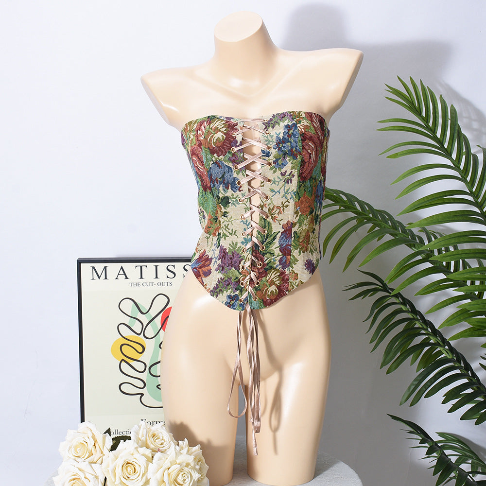 Floral Tapestry Lace Up Corset Top - Apricot