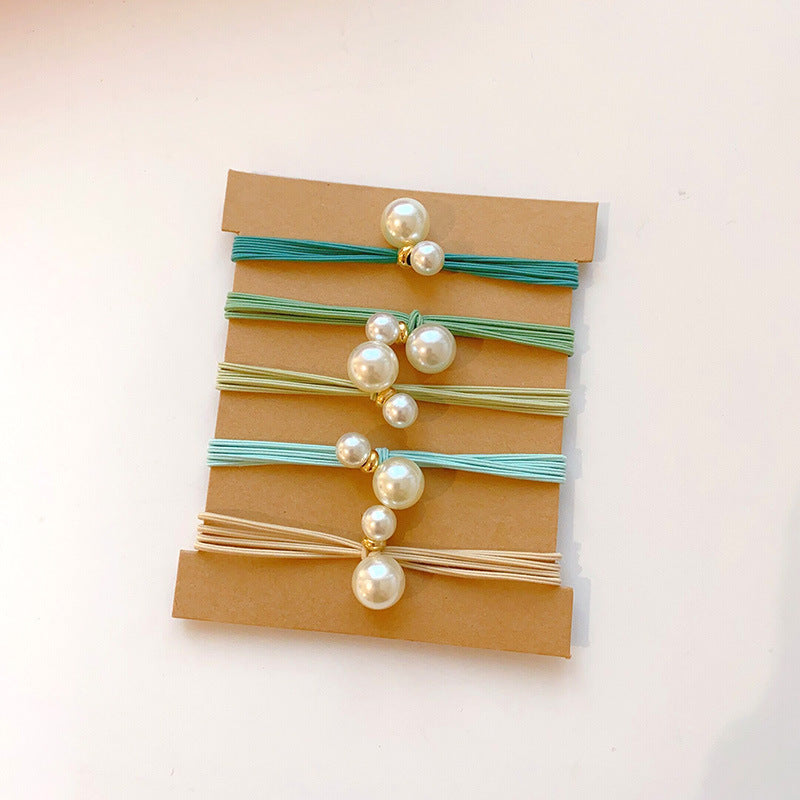 Gradient Elastic Hair Tie Set With Bead Accents - Green