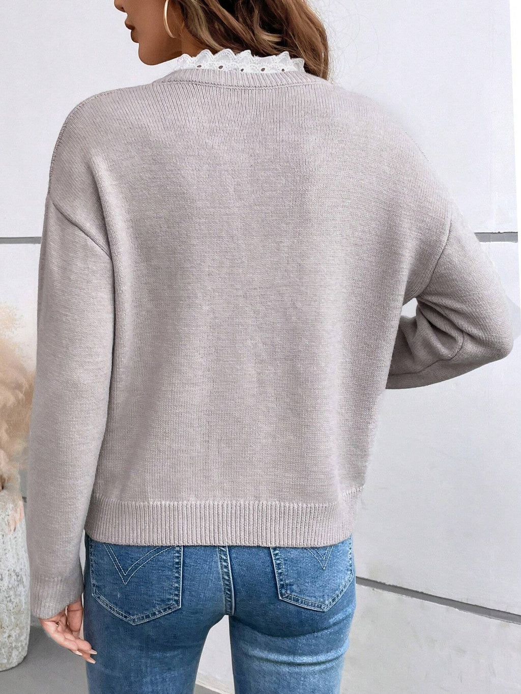 Lace Trim Split V Neck Sweater