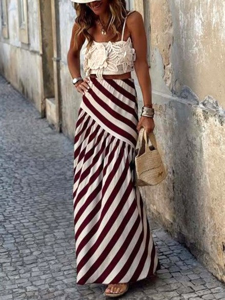Boho Diagonal Stripe Tiered Maxi Skirt - Coffee - 1