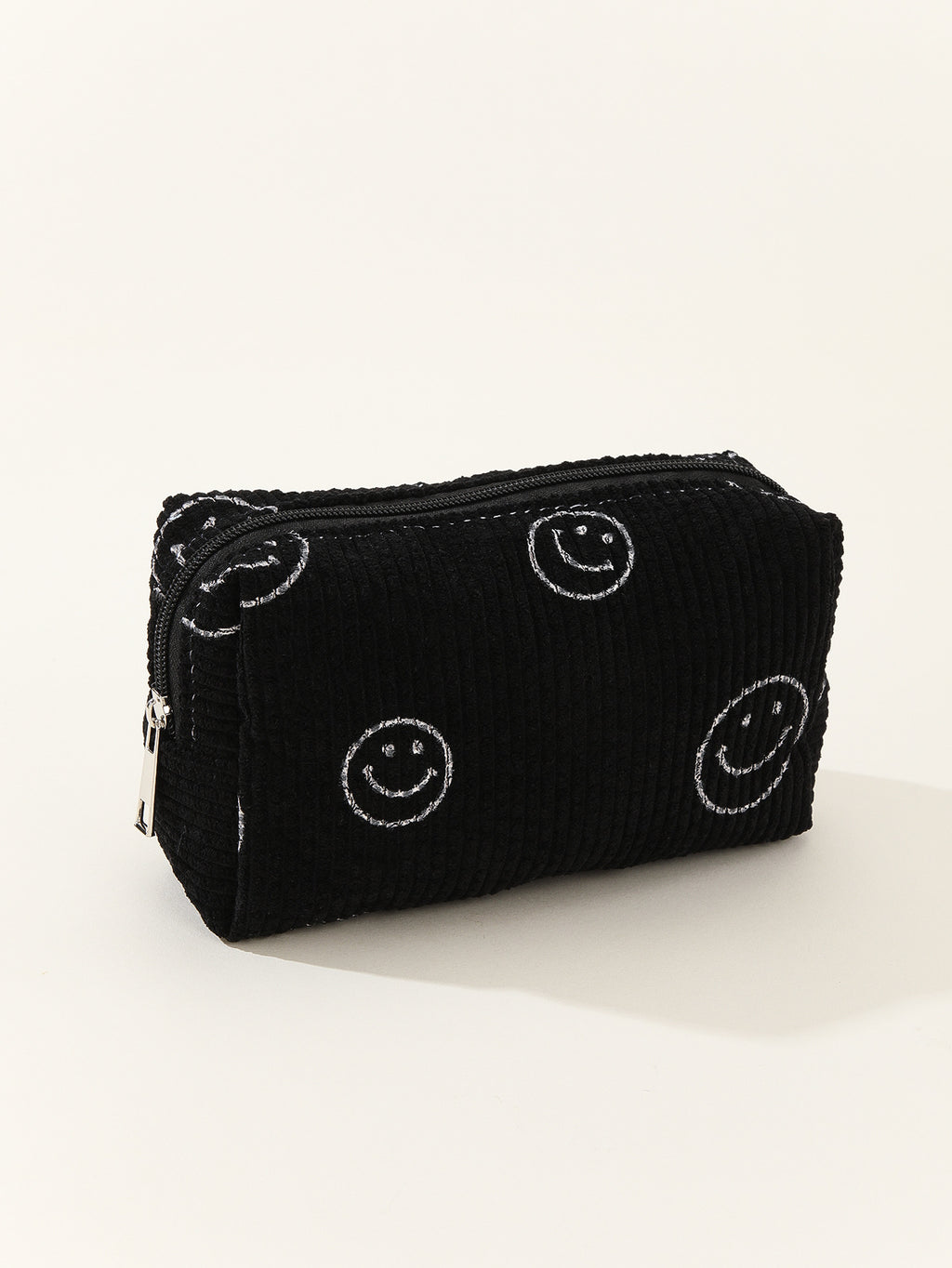 Smiley Face Corduroy Zip Pouch - black