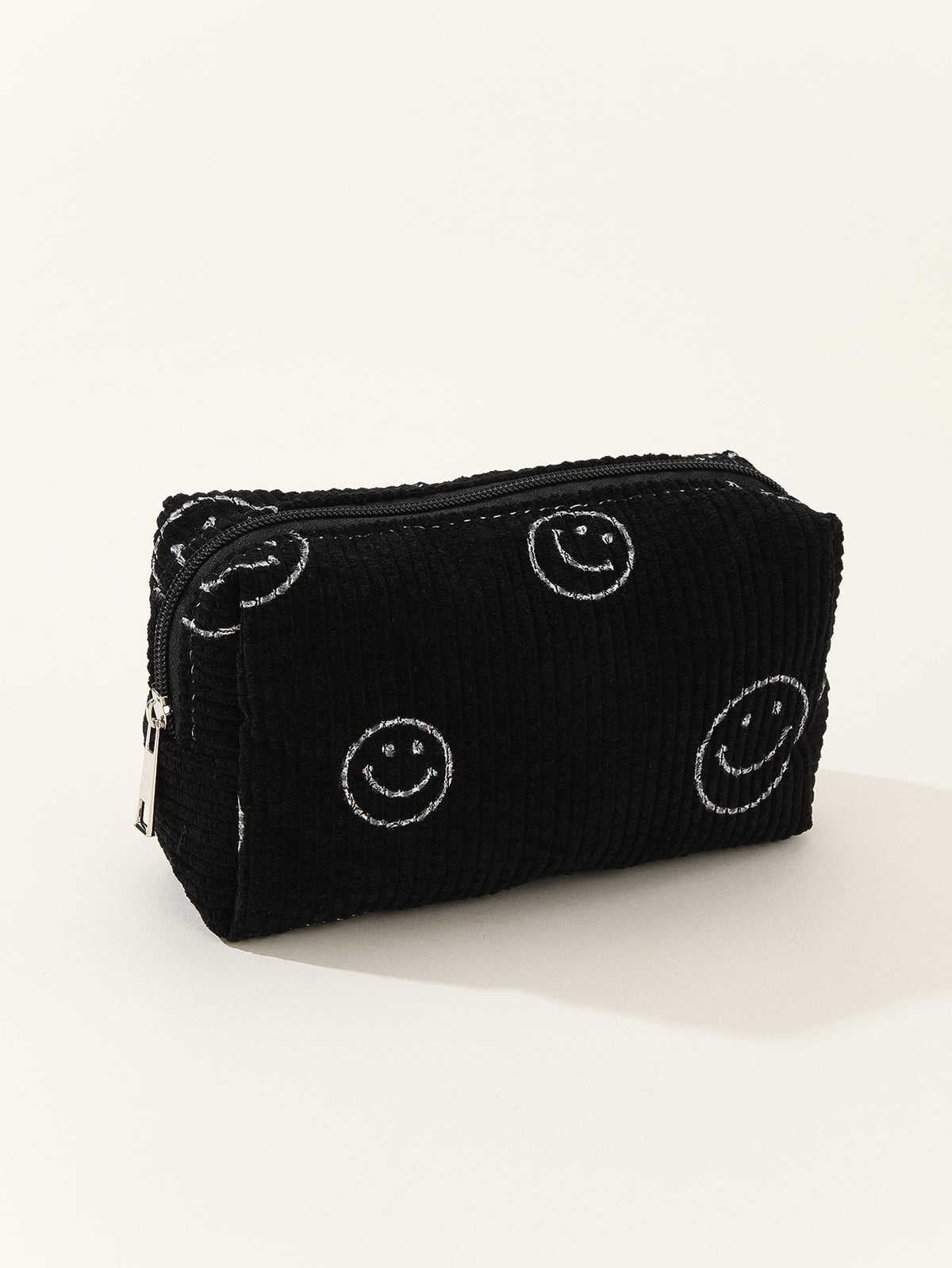 Smiley Face Corduroy Zip Pouch - black
