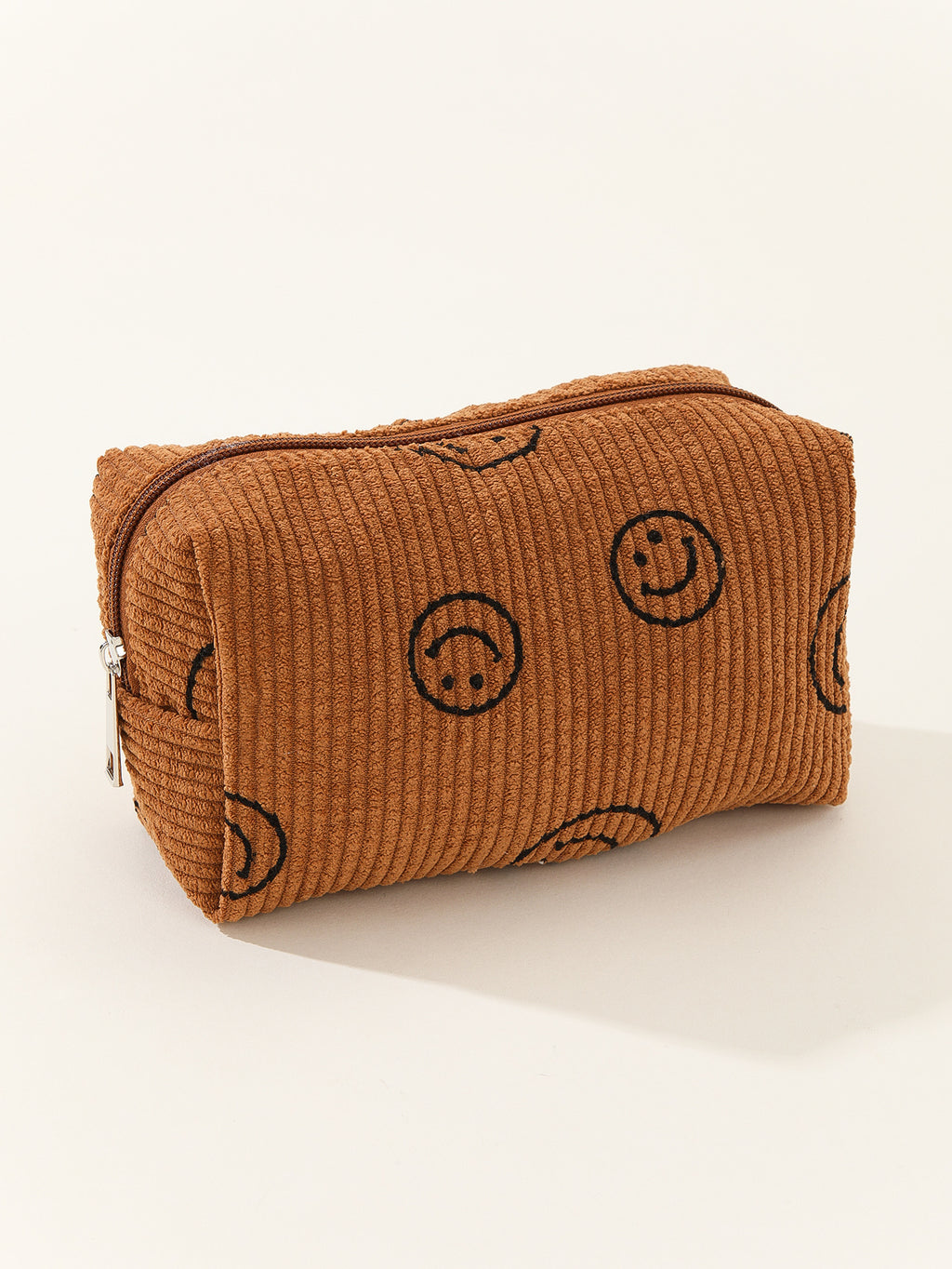 Smiley Face Corduroy Zip Pouch - brown