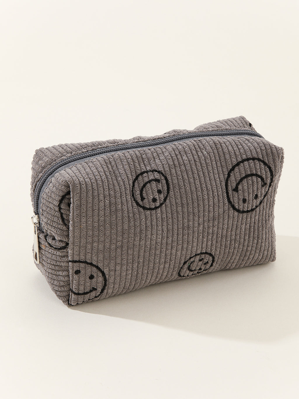 Smiley Face Corduroy Zip Pouch - gray