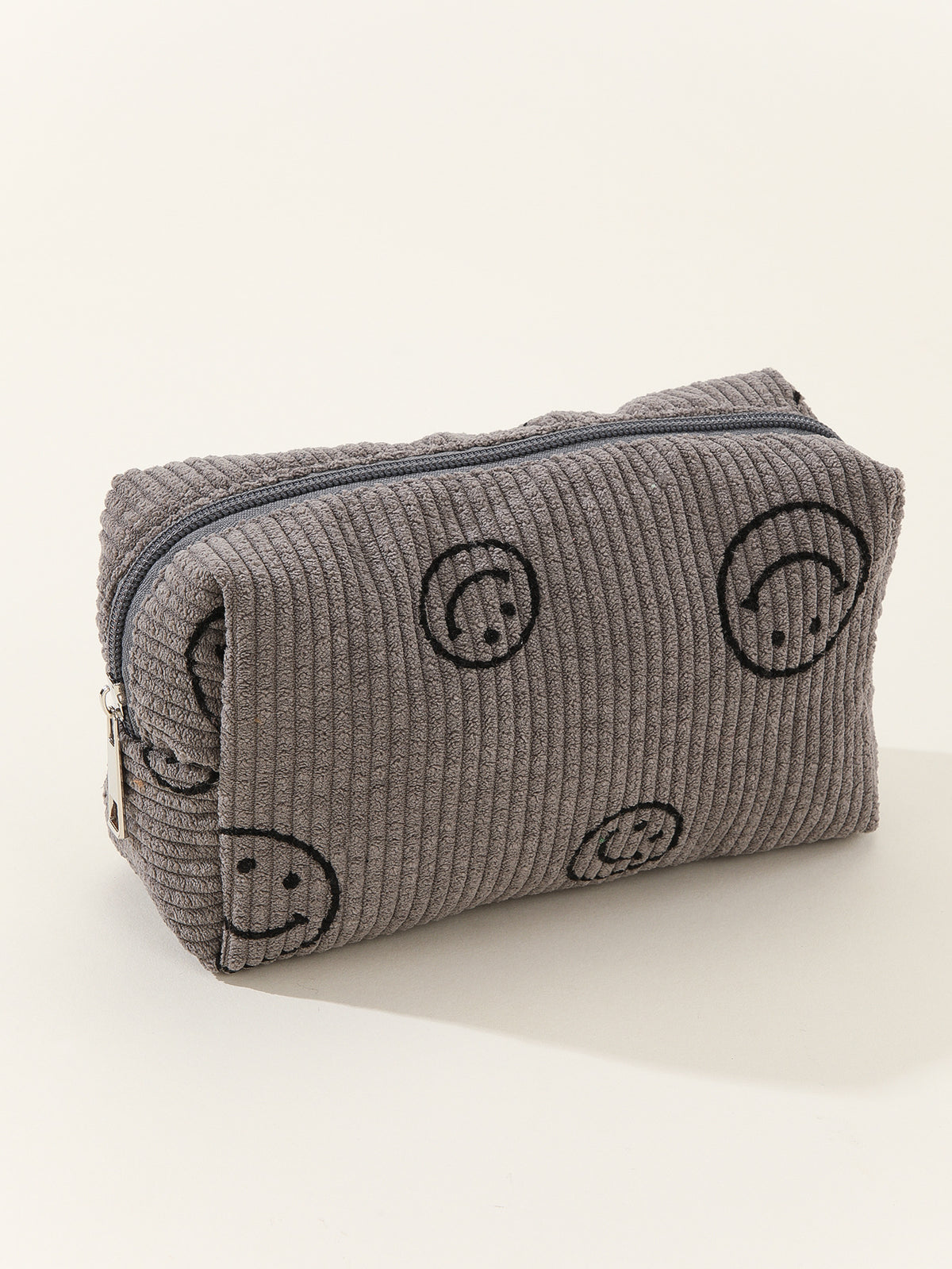 Smiley Face Corduroy Zip Pouch - gray