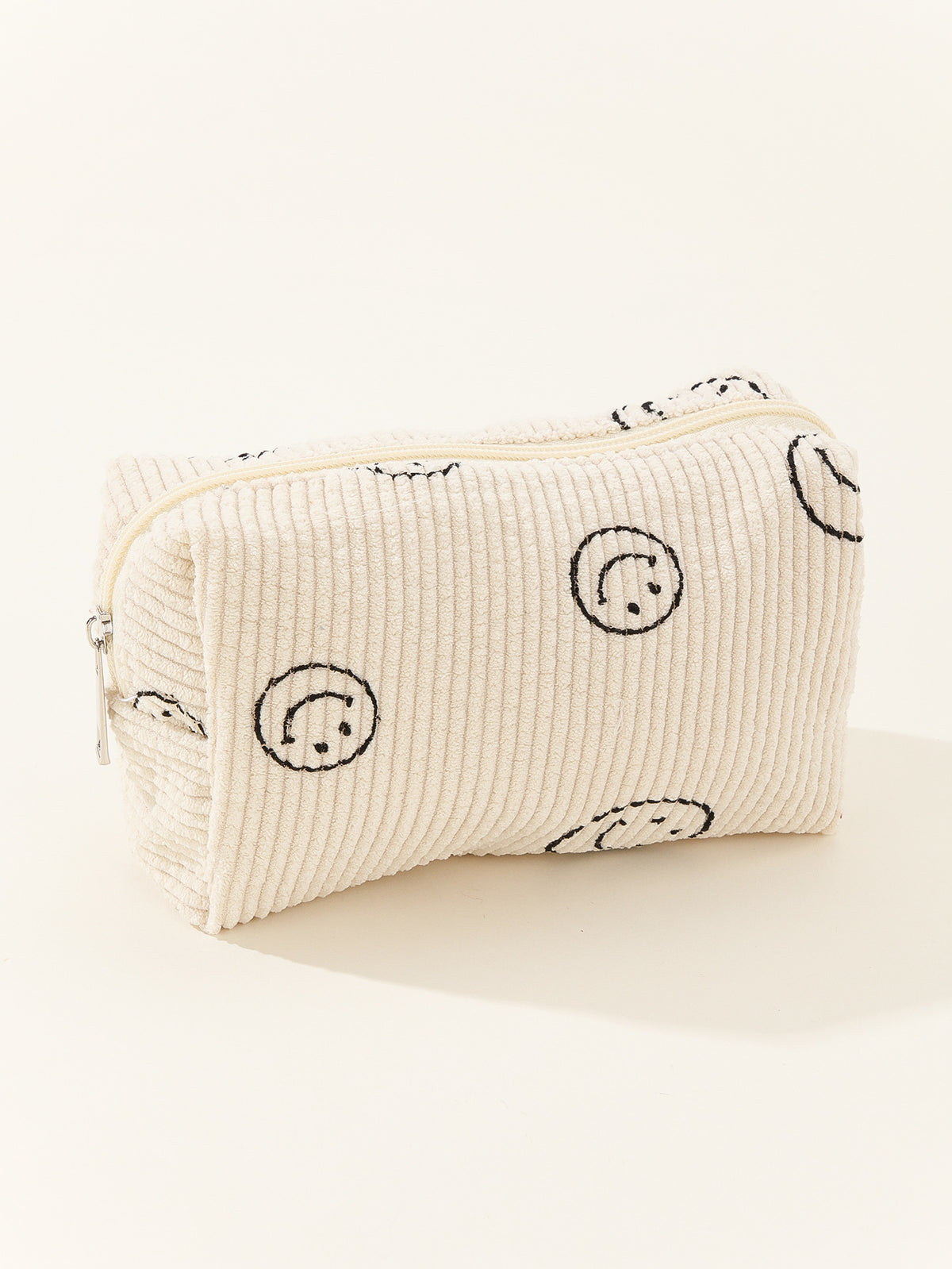 Smiley Face Corduroy Zip Pouch - off-white
