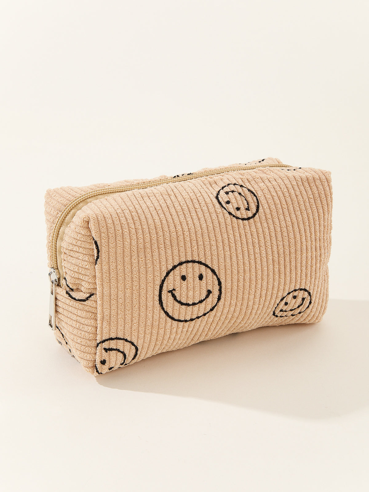 Smiley Face Corduroy Zip Pouch - tan