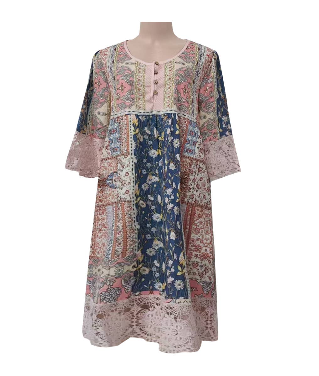 Bohemian Floral Patchwork Lace Hem Dress