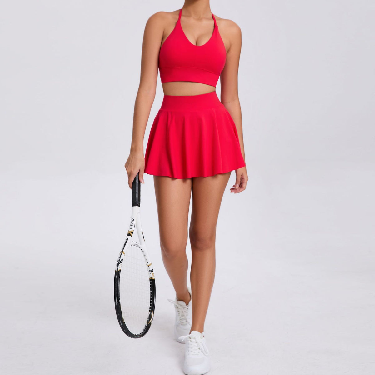 Halter T-Back Sports Bra and Flared Tennis Skort Set - Red