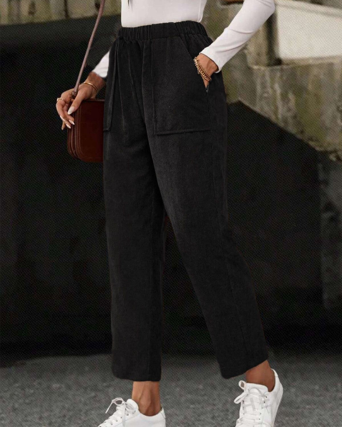 Corduroy Tapered Pants With Patch Pockets - Black