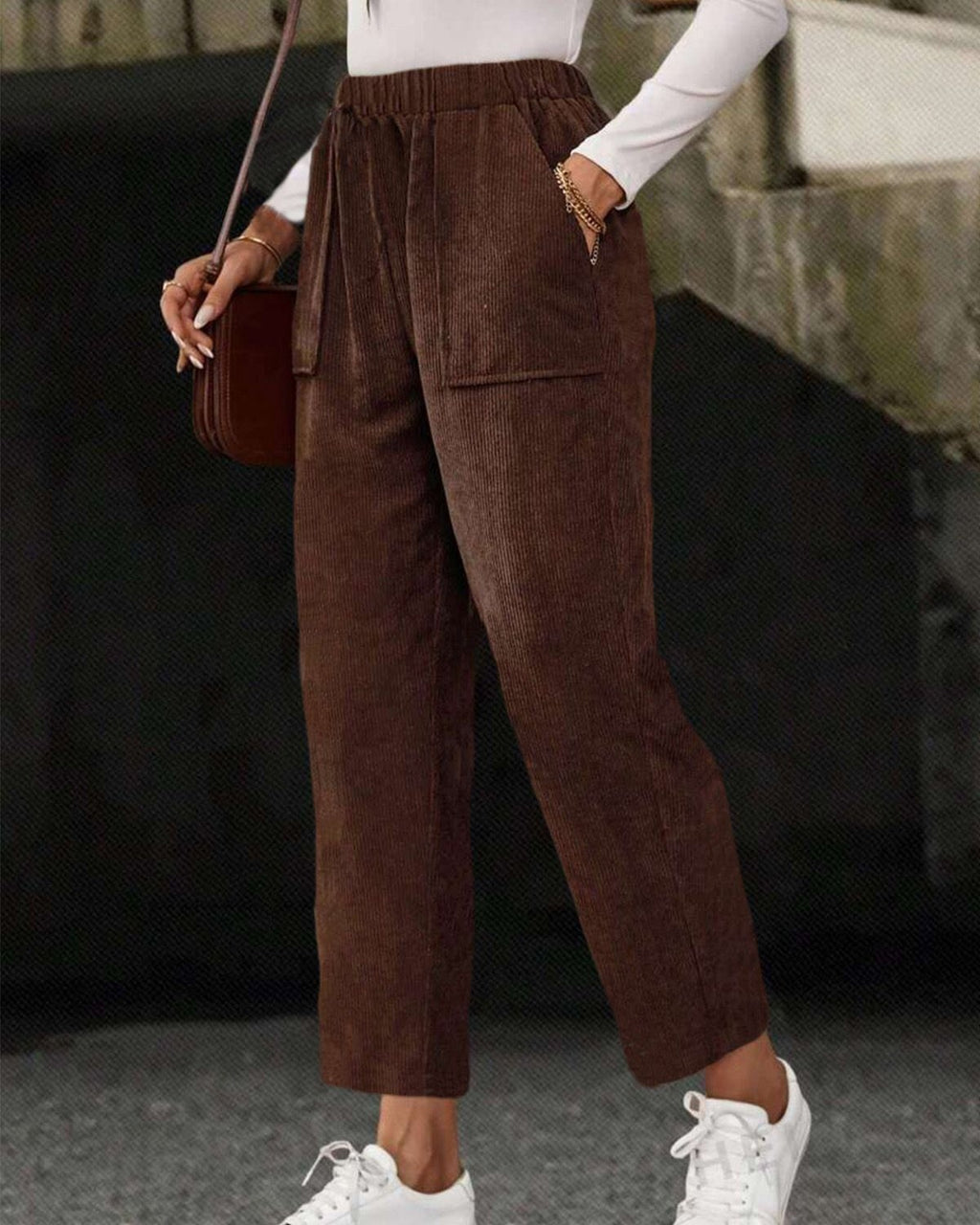 Corduroy Tapered Pants With Patch Pockets - Coffee - 1