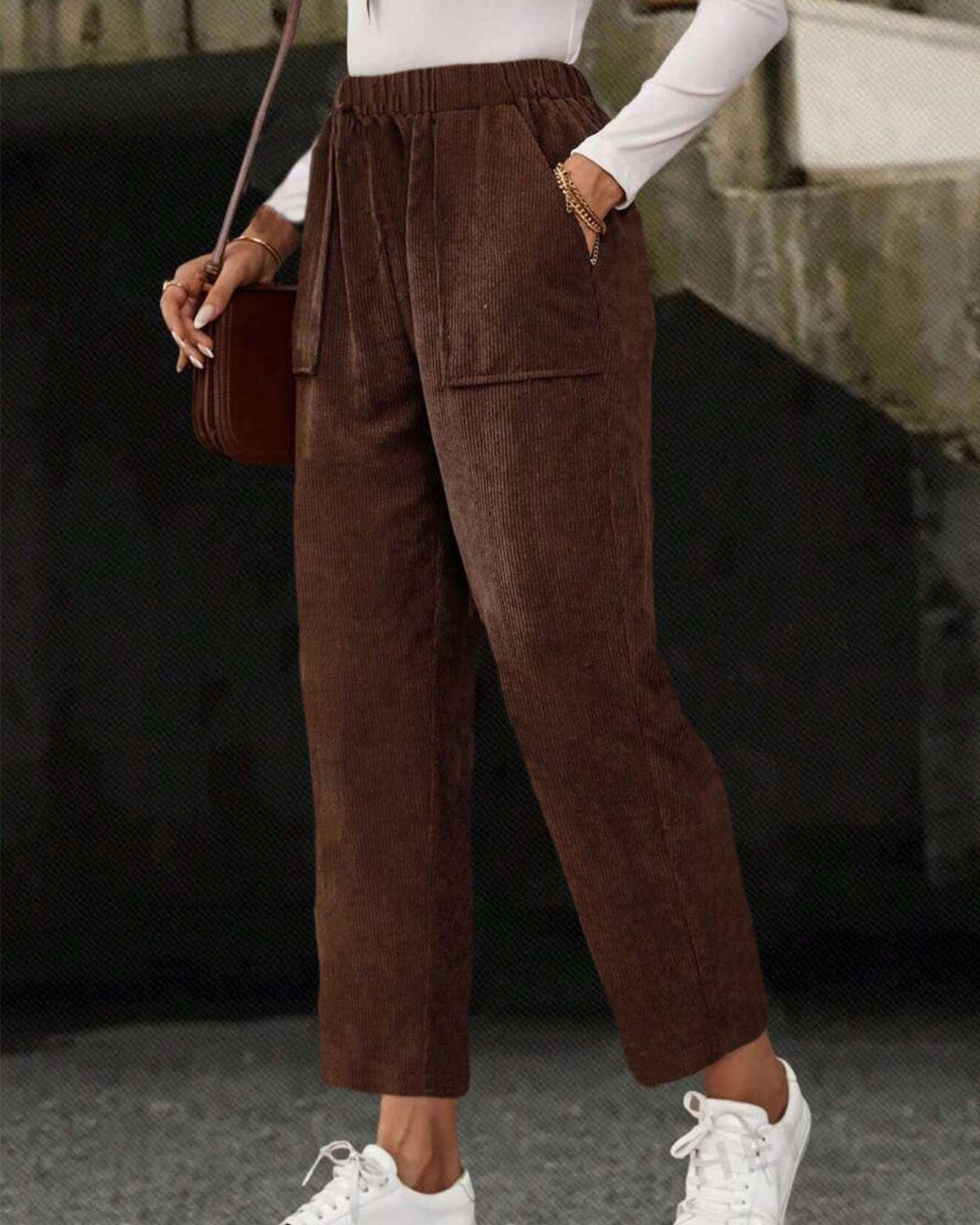 Corduroy Tapered Pants With Patch Pockets - Coffee - 1