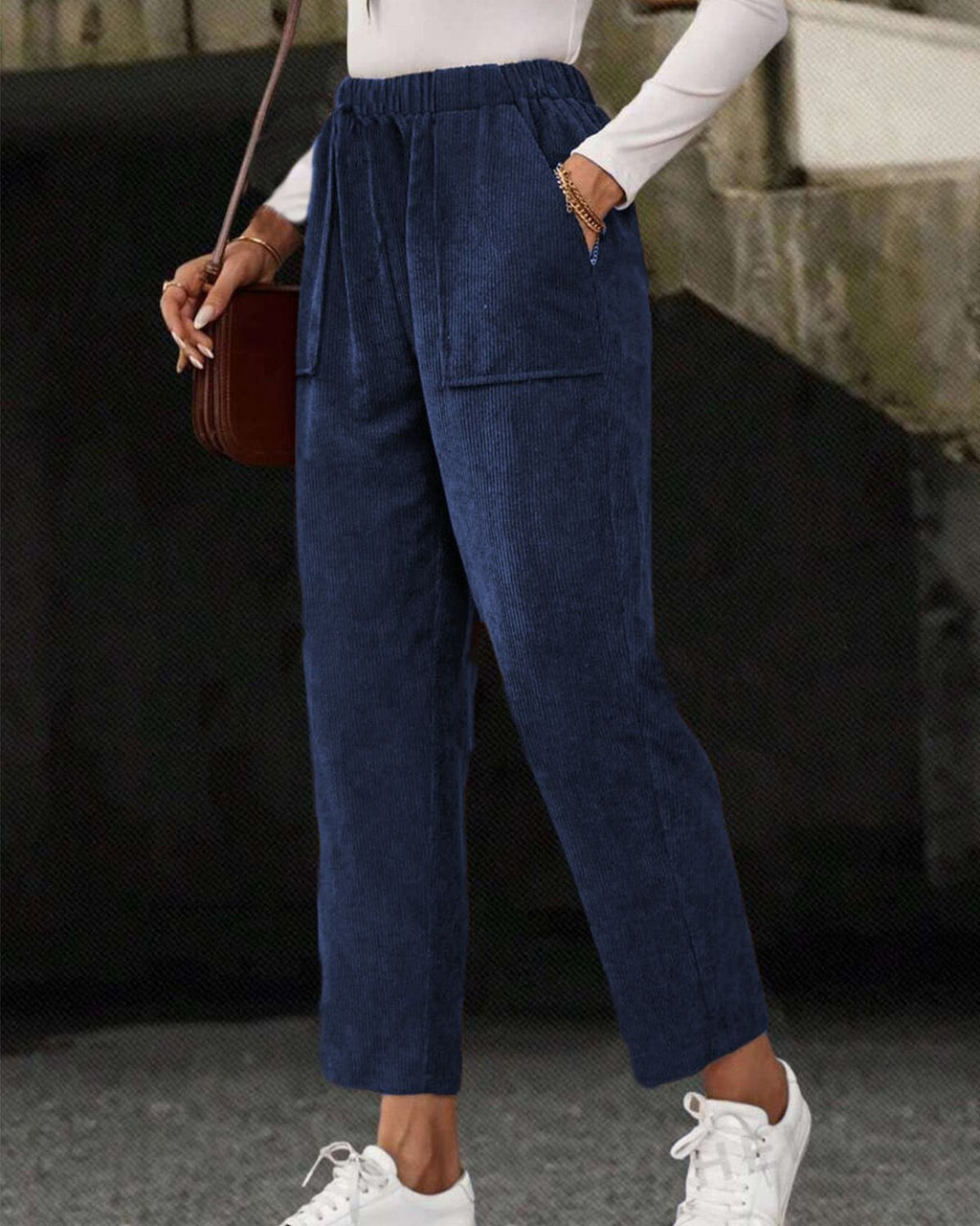 Corduroy Tapered Pants With Patch Pockets - Dark-Blue