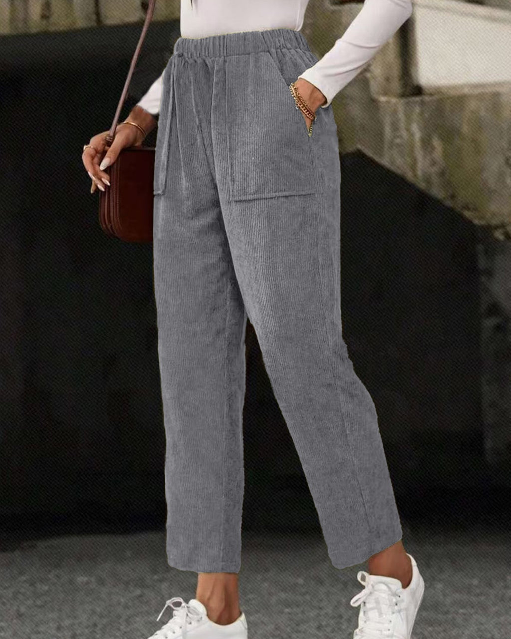 Corduroy Tapered Pants With Patch Pockets - Grey
