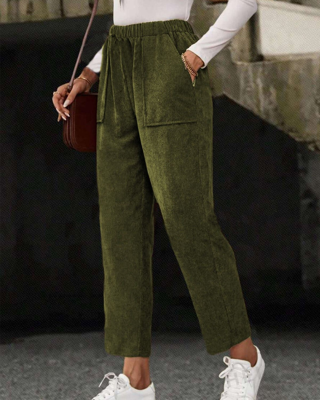 Corduroy Tapered Pants With Patch Pockets - MGreen