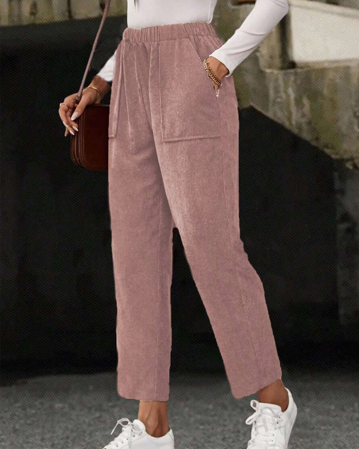 Corduroy Tapered Pants With Patch Pockets - Pink