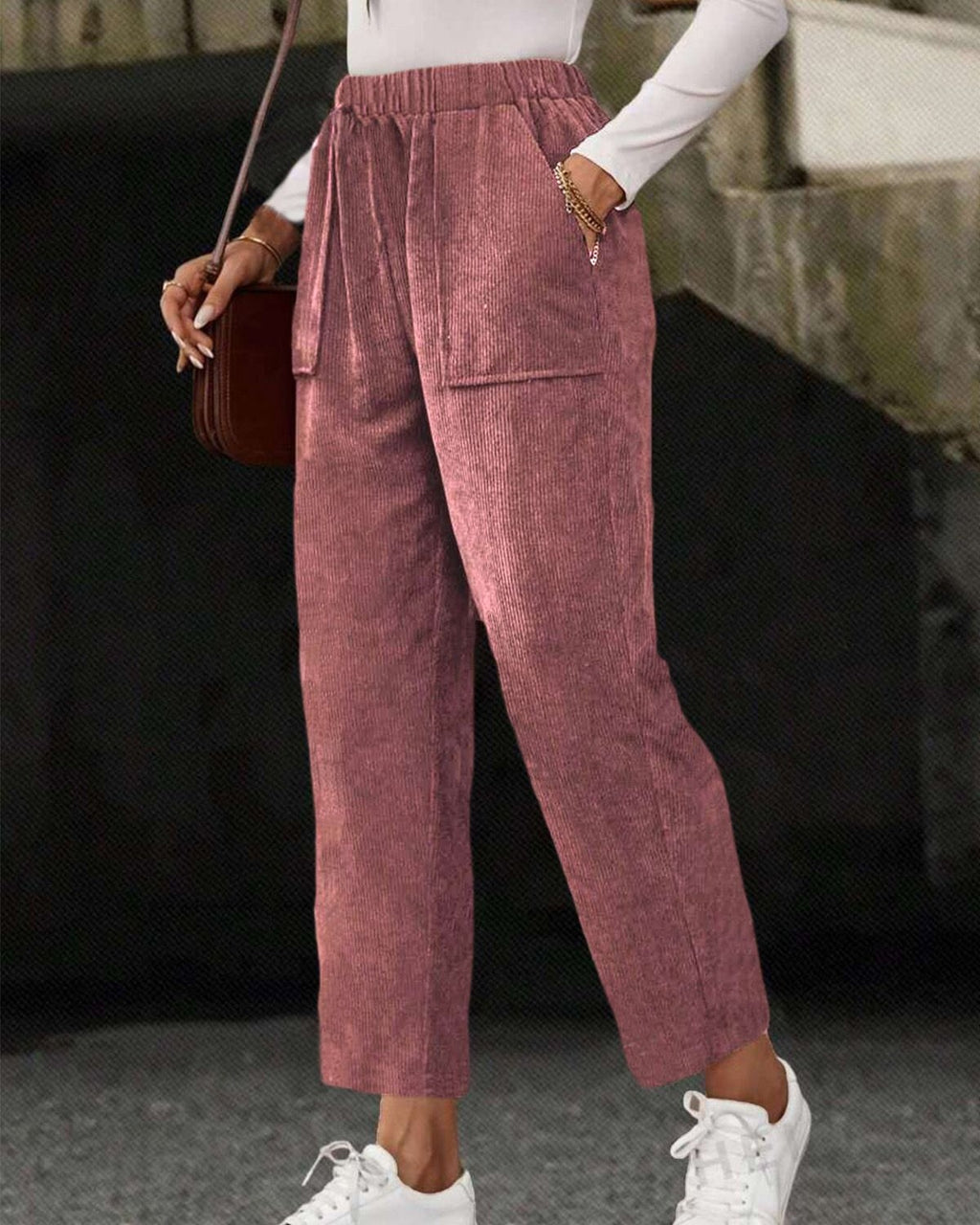 Corduroy Tapered Pants With Patch Pockets - Red