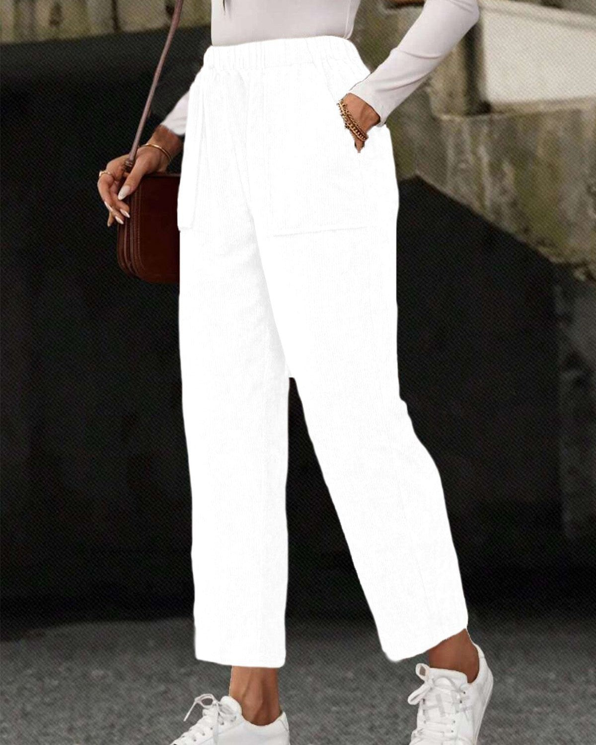 Corduroy Tapered Pants With Patch Pockets - White