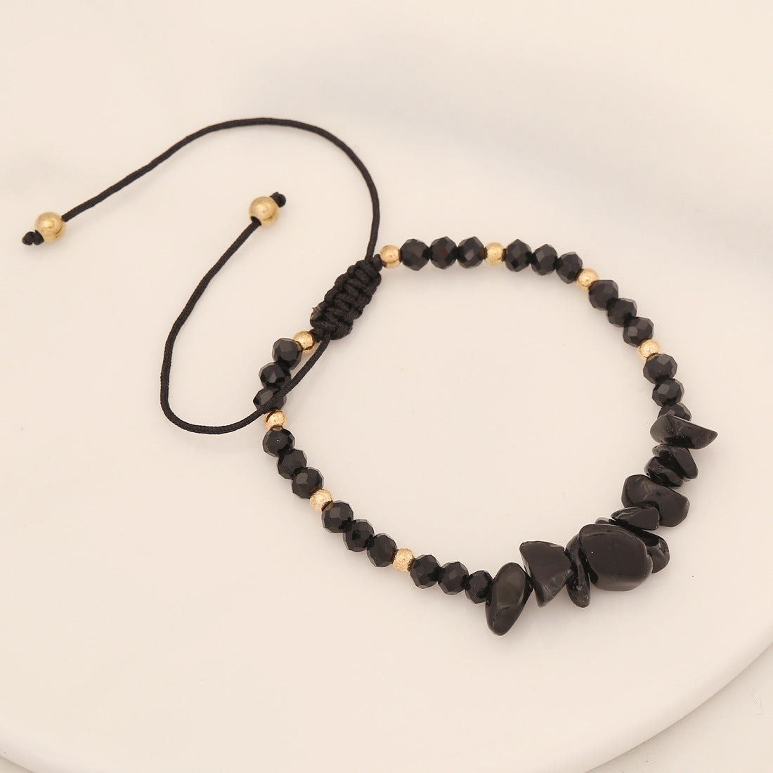 Natural Stone Chip Adjustable Beaded Bracelet - Black