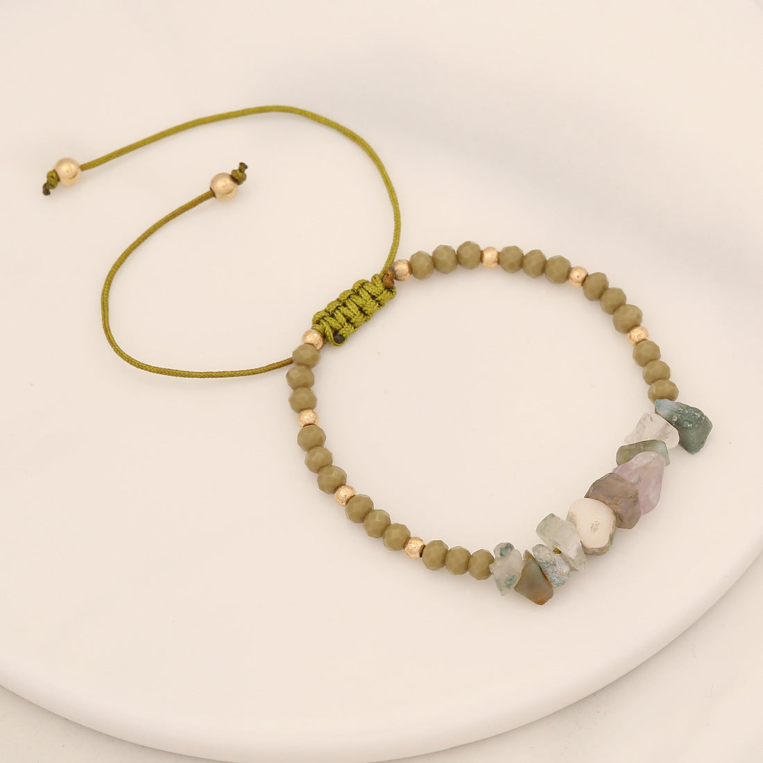 Natural Stone Chip Adjustable Beaded Bracelet - Green